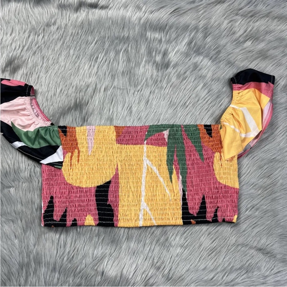 Shein Curve Smocked Flutter Sleeve Multicolored Crop Top 2XL